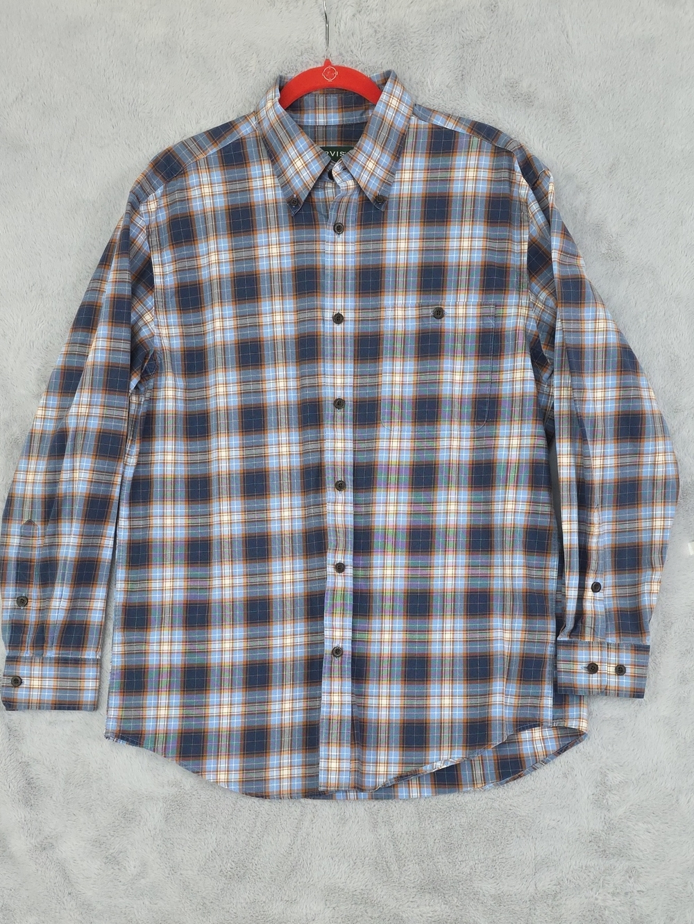 Orvis Men's Blue, Brown & White Plaid Button-Down Shirt